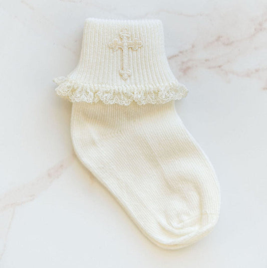 Baby Ivory Socks with Cross and Lace Ruffle