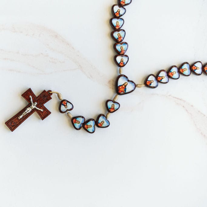 Brazilian Wooden Heart Rosary - Sacred Heart of Jesus & Immaculate Heart of Mary