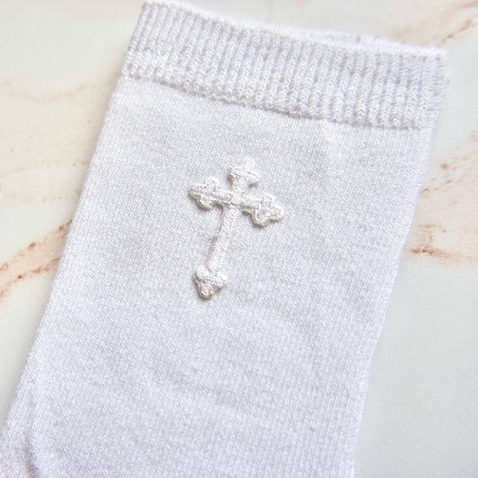 Infant Knee High Socks with Cross - White
