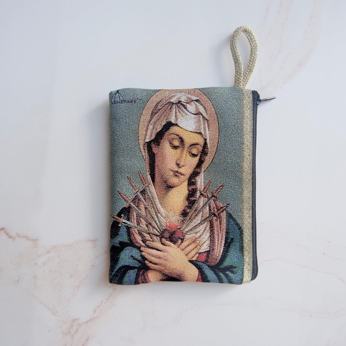Our Lady of Sorrows large tapestry rosary pouch with Seven Sorrows design and secure zipper closure, 6 by 4 inches.