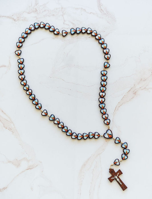 Brazilian Wooden Heart Rosary - Sacred Heart of Jesus & Immaculate Heart of Mary