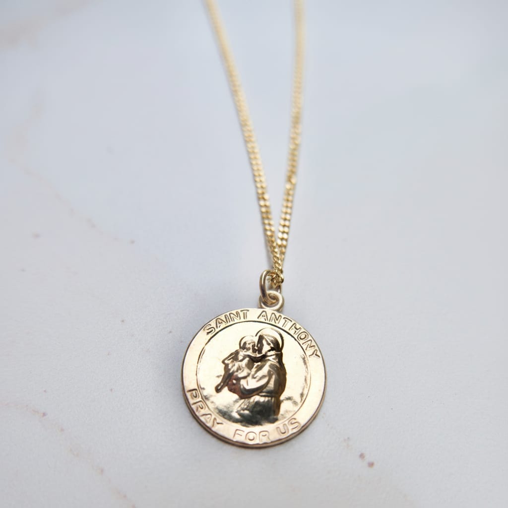 St. Anthony of Padua 14K gold filled Catholic saint necklace with 17mm pendant and 18 inch chain