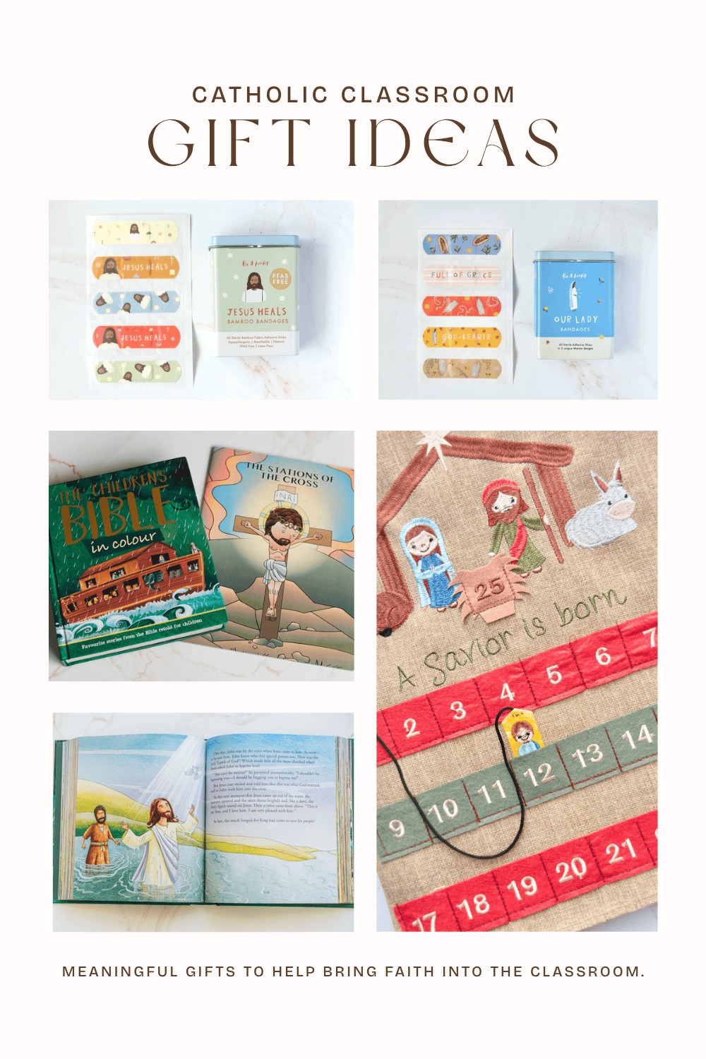Catholic classroom gifts for preschool through 2nd grade, including a children’s Bible, faith-filled bandages, Advent countdown, and Stations of the Cross story book.
