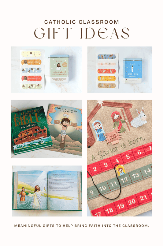 Catholic classroom gifts for preschool through 2nd grade, including a children’s Bible, faith-filled bandages, Advent countdown, and Stations of the Cross story book.