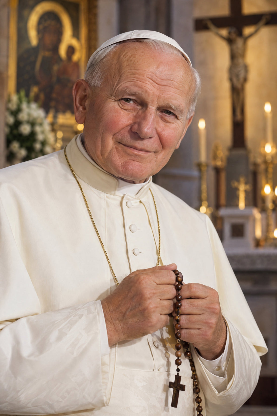 Pope Saint John Paul II smiling in his papal vestments, a beloved leader of the Catholic Church and witness to Christ.