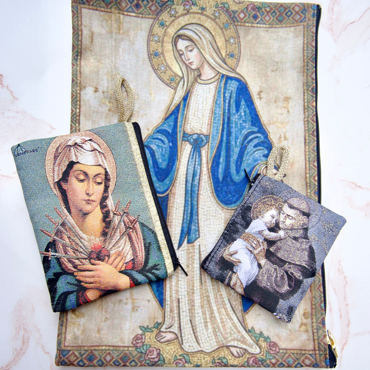 Catholic rosary pouches in small and large sizes, featuring zipper bags for rosaries and prayer essentials