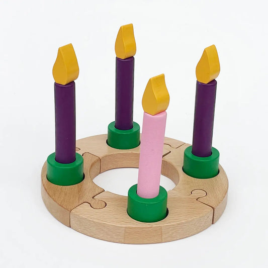 Wooden Advent wreath for kids with buildable pieces, a hands-on Catholic Advent activity for children preparing for Christmas.