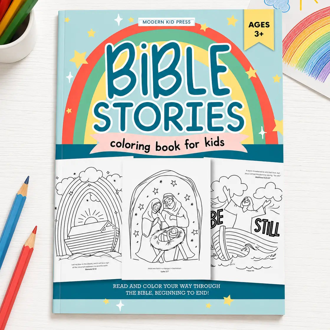 Bible Stories Christian Coloring Book for kids ages 3 and up, featuring Bible stories, hand-drawn Christian illustrations, and Scripture verses to color.