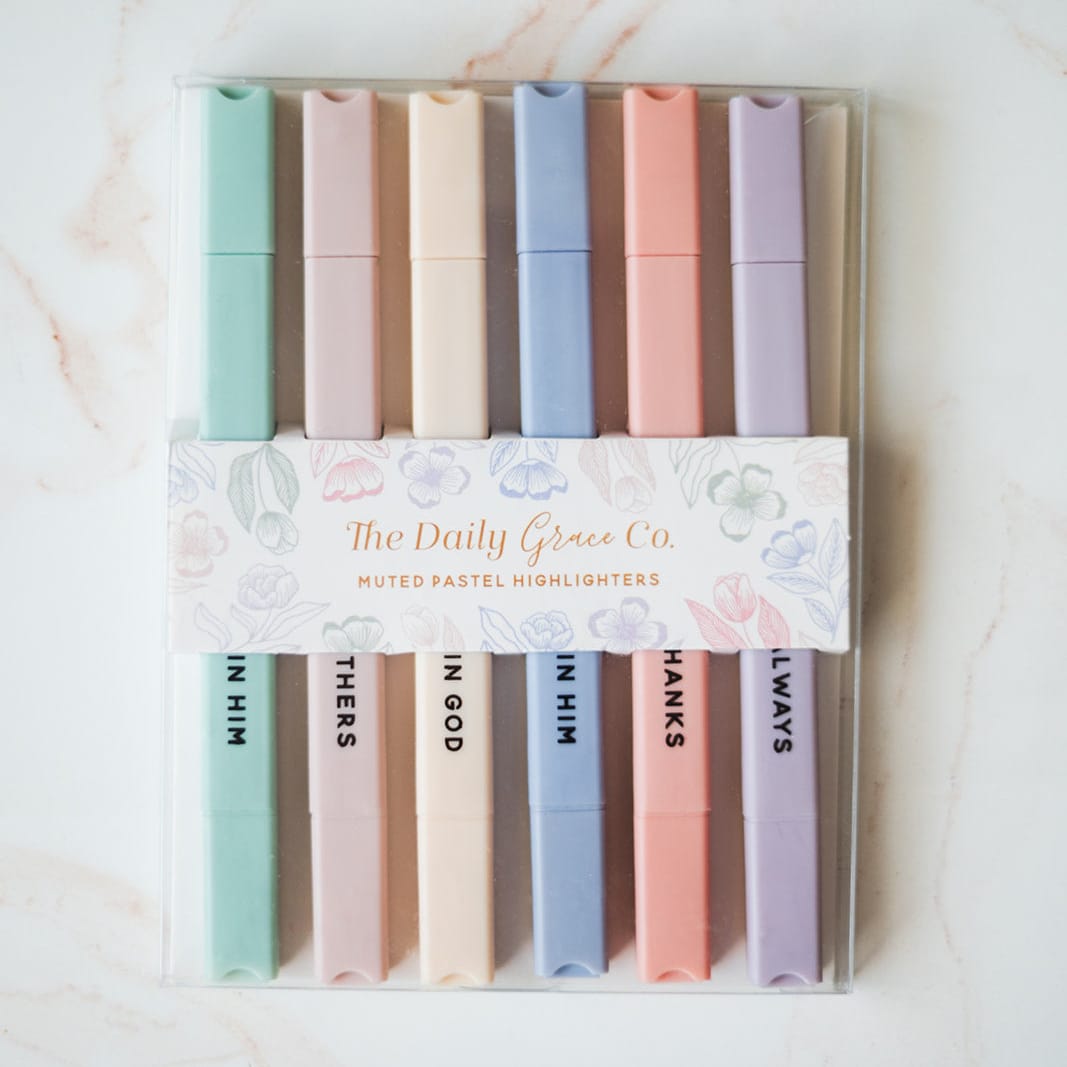 Set of six muted pastel Bible highlighters with dual tips, perfect for highlighting Scripture, school notes, planners, and Bible study.