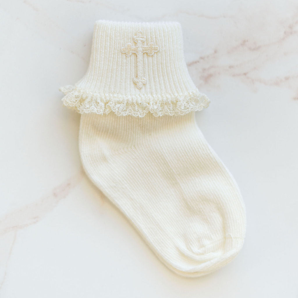 Baby Ivory Socks with Cross And Lace Ruffle