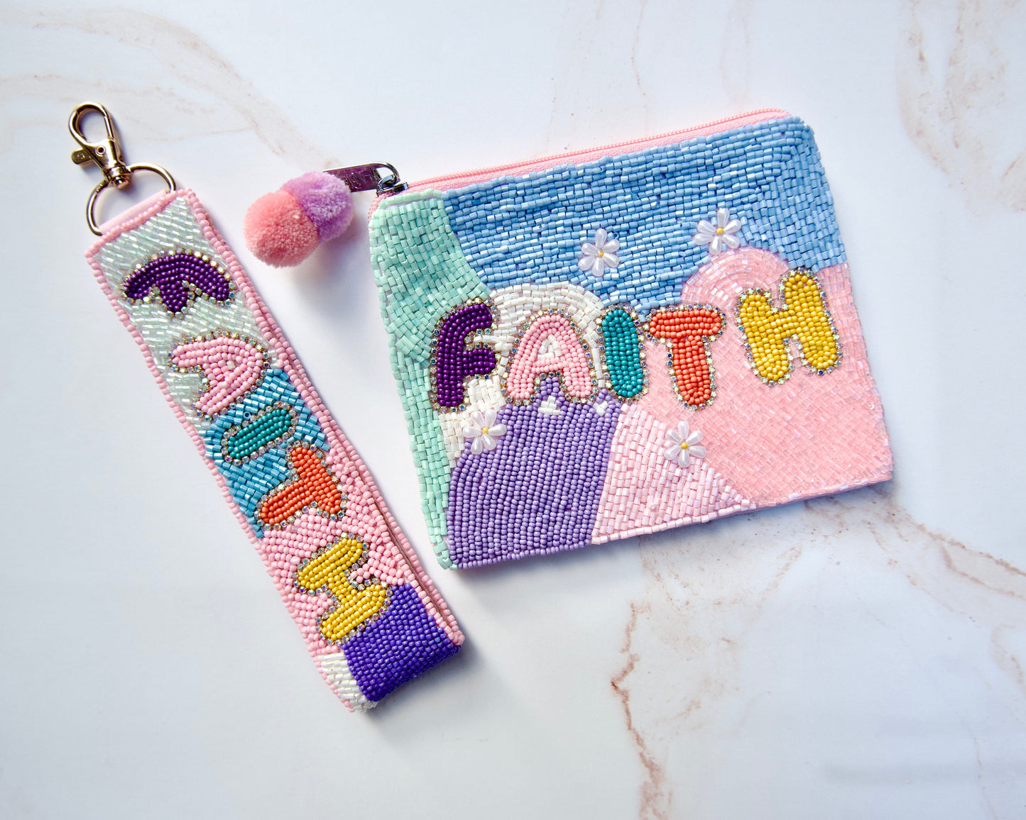 Faith beaded coin pouch and matching keychain gift set featuring the word “FAITH,” perfect for back-to-school gifts.