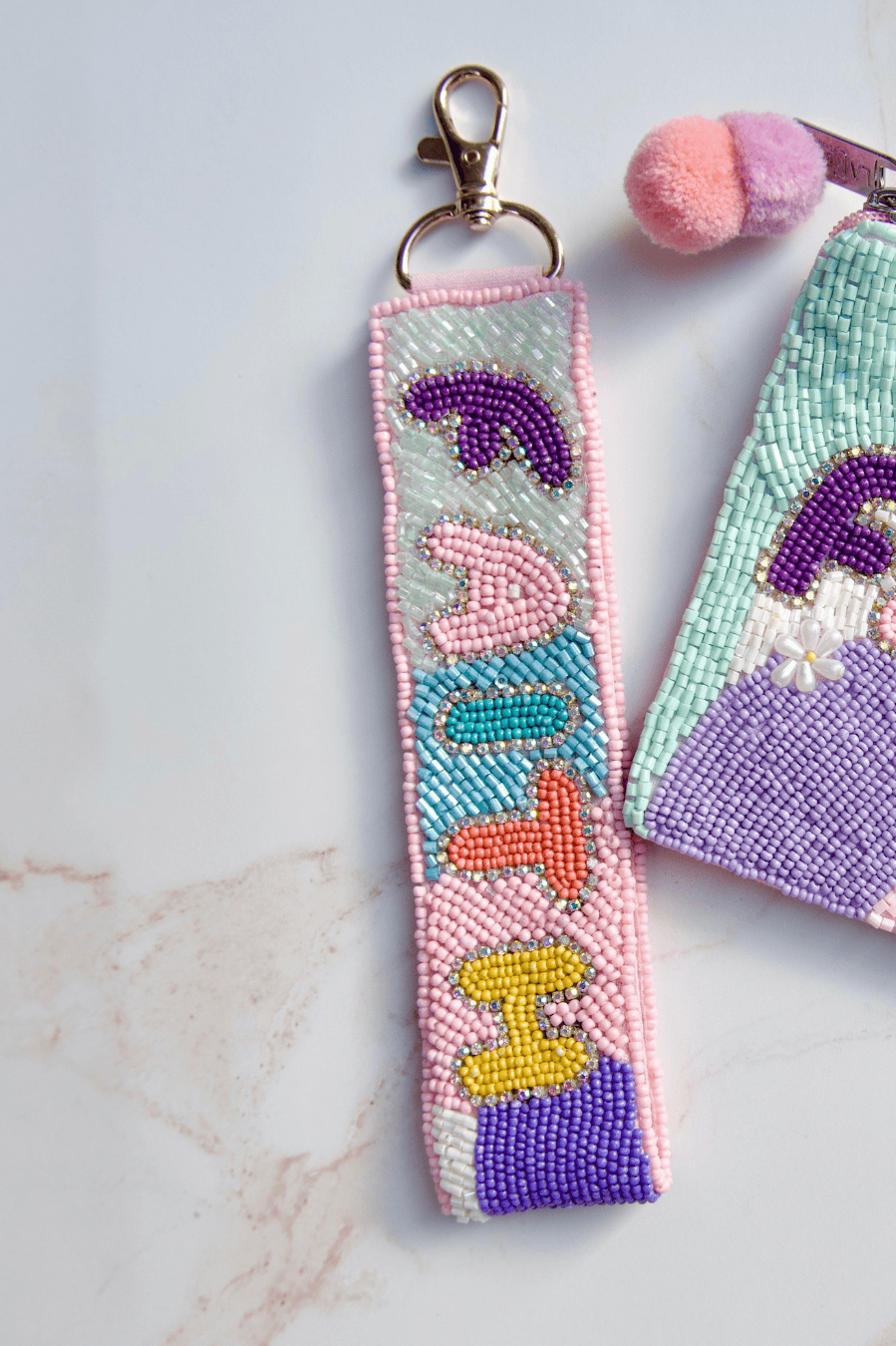 Faith Beaded Keychain Strap with double-sided glass beadwork, handmade Christian bag charm with lobster clasp.