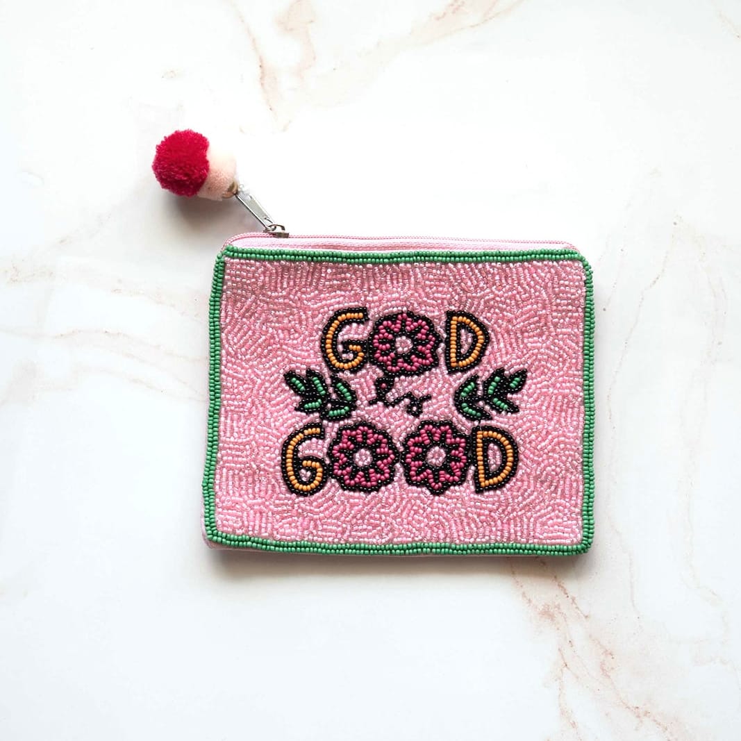 God Is Good handmade beaded rosary pouch in pink