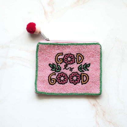 God Is Good handmade beaded rosary pouch in pink