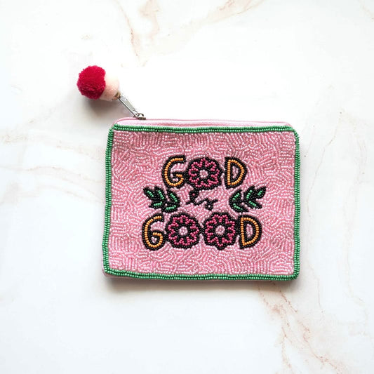 God Is Good handmade beaded rosary pouch in pink