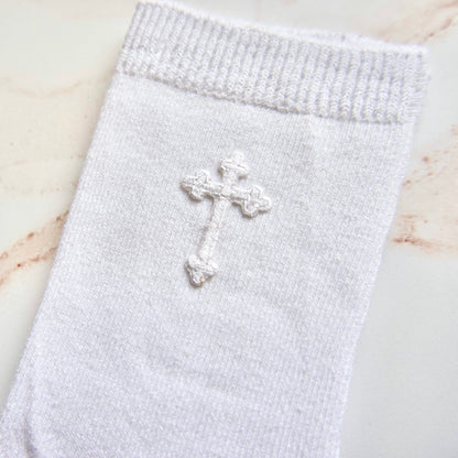 Infant Knee High Socks with Cross - White