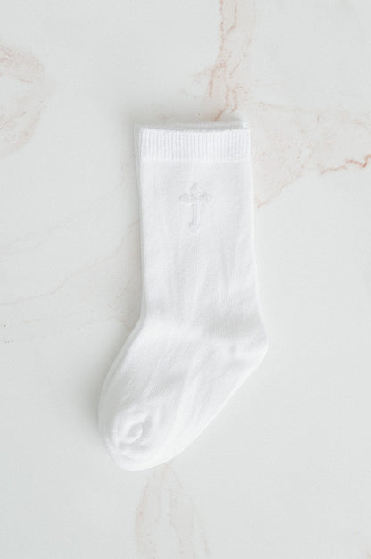 Infant Knee High Socks with Cross - White