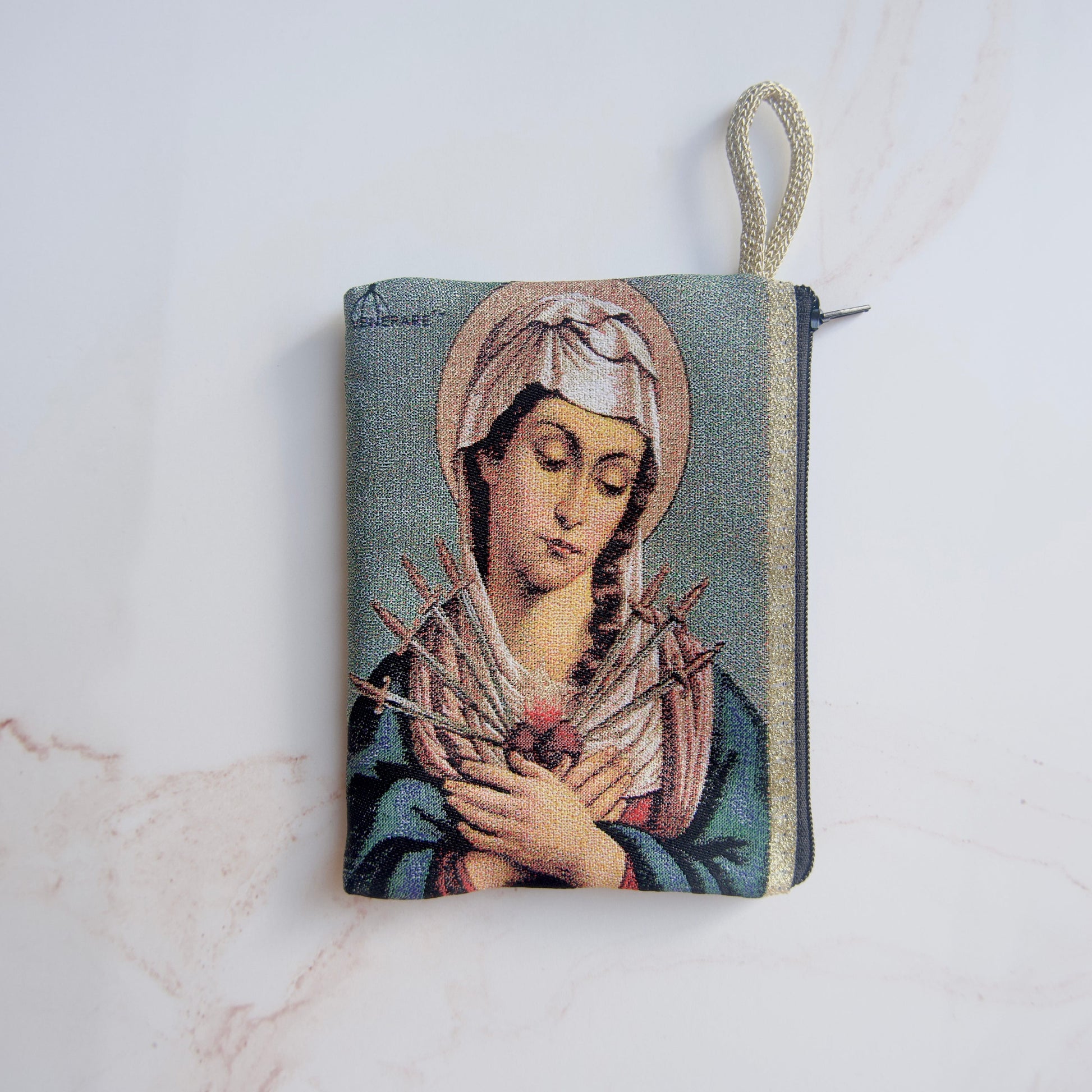 Our Lady of Sorrows large tapestry rosary pouch with Seven Sorrows design and secure zipper closure, 6 by 4 inches.