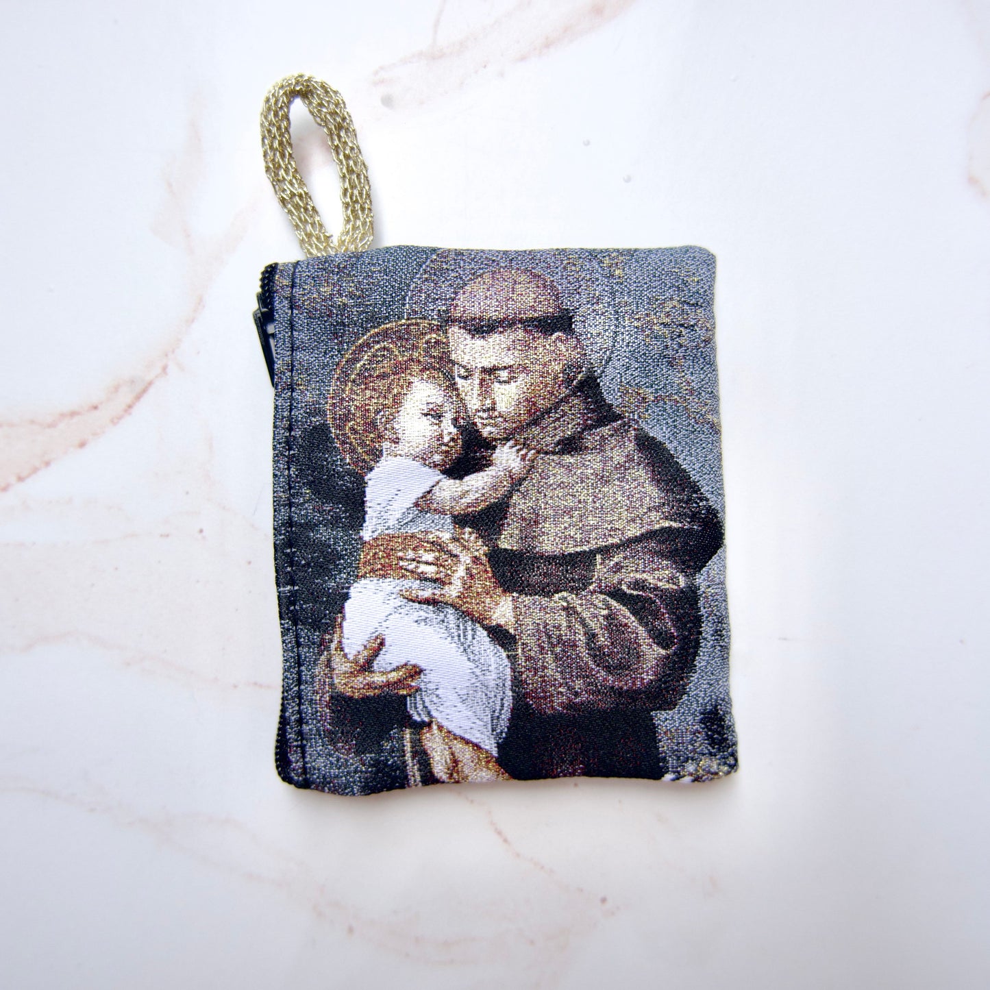 St. Anthony of Padua Catholic rosary pouch, 3 x 4 inch zipper pouch for keeping rosary safe
