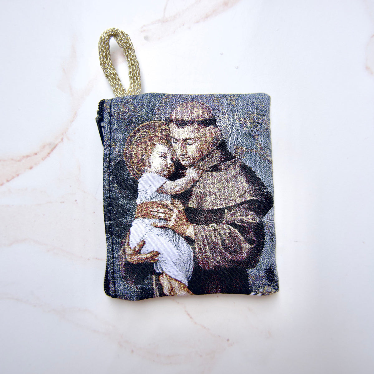 St. Anthony of Padua Catholic rosary pouch, 3 x 4 inch zipper pouch for keeping rosary safe
