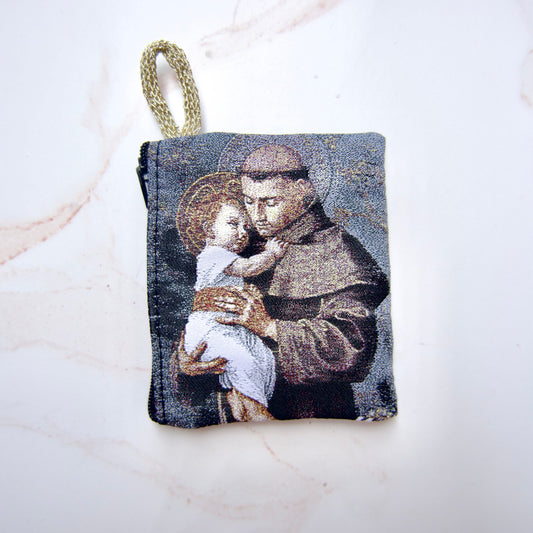 St. Anthony of Padua Catholic rosary pouch, 3 x 4 inch zipper pouch for keeping rosary safe